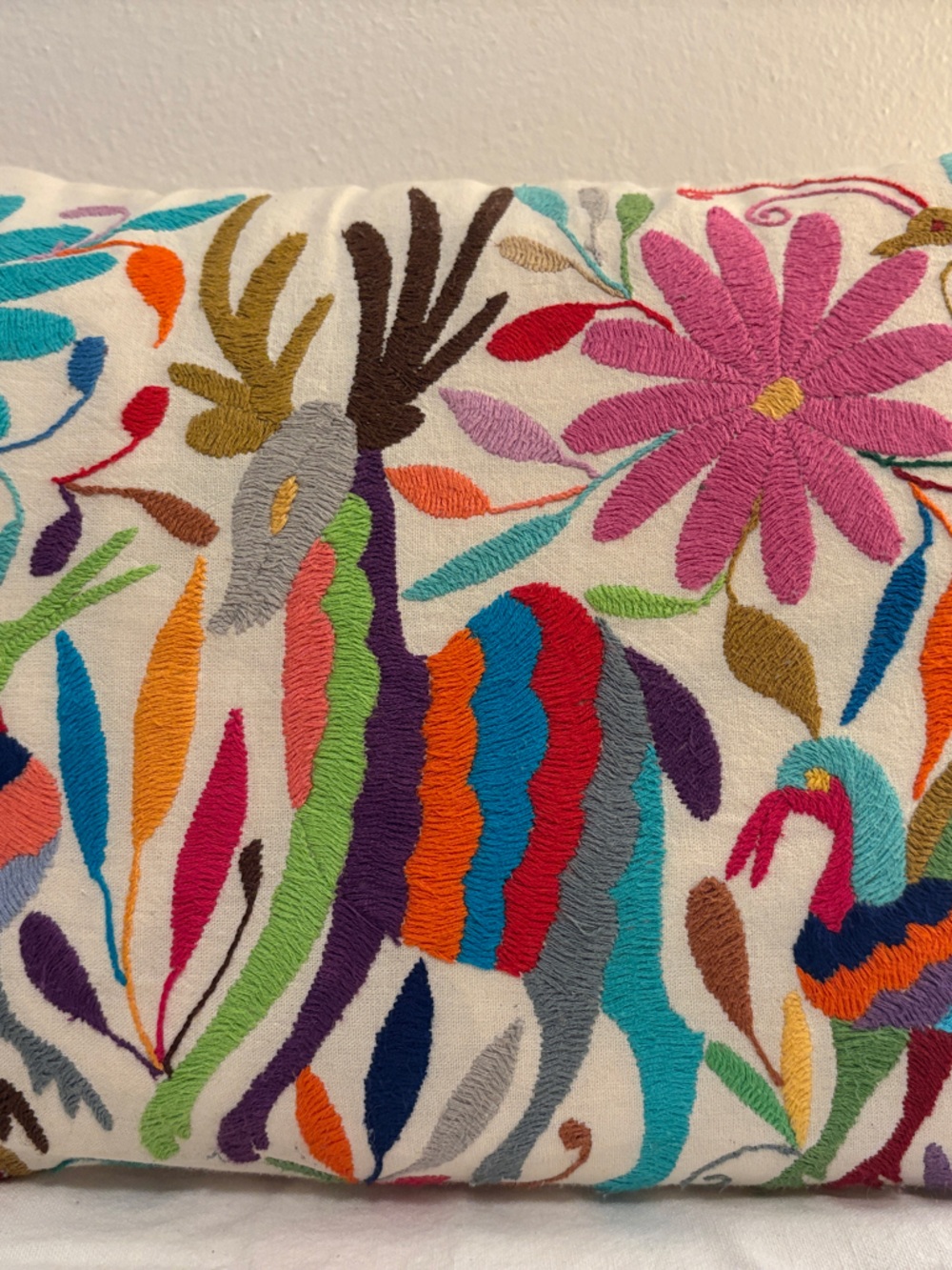 Hand Crafted Bright Multicolor Tenango Embroidered Animal & Floral Pillow